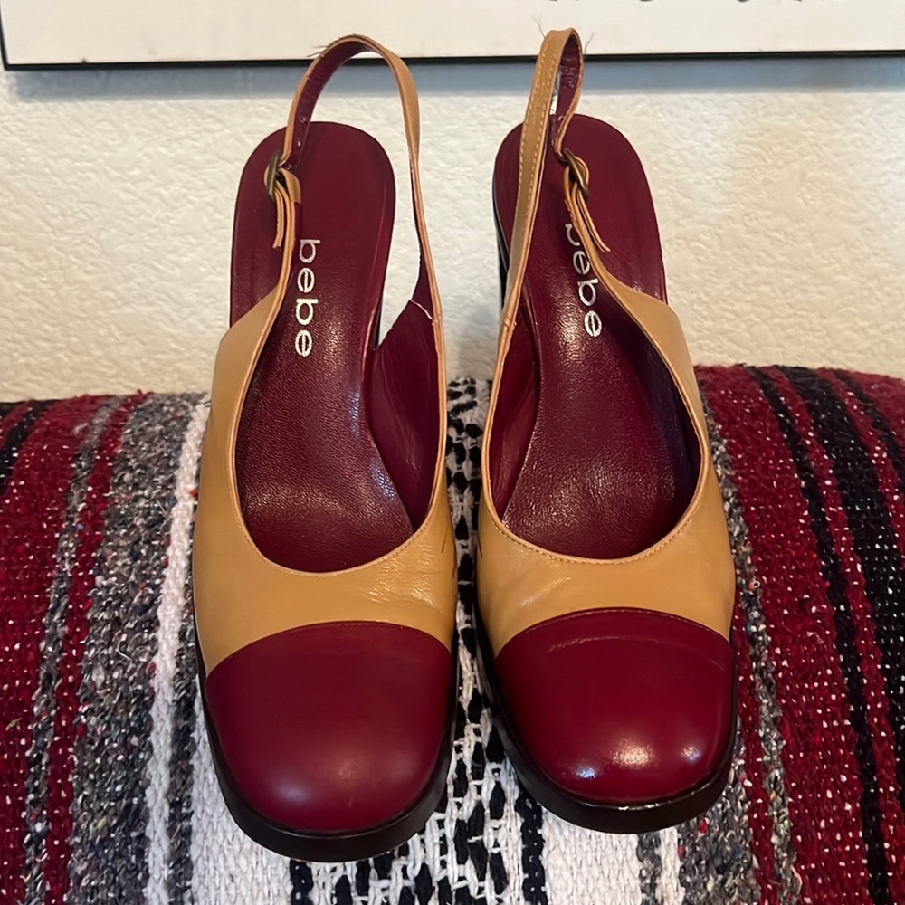 bebe US 7 1/2  Burgundy & Tan Leather Slingback Chunky High Heels Made in Spain